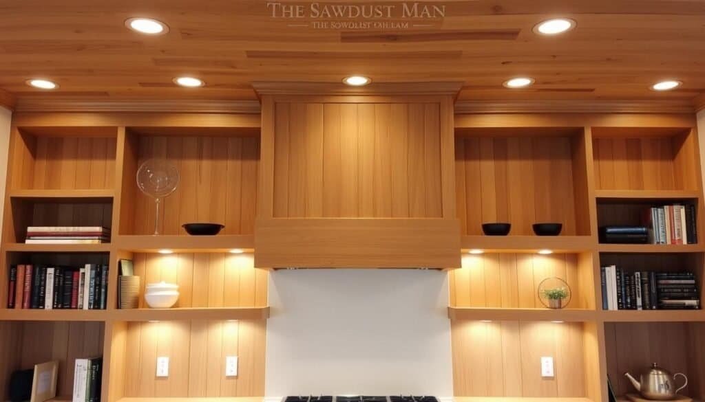 A warm, inviting kitchen with custom built-in wood shelving by The Sawdust Man. Solid oak planks with a natural finish line the walls, creating a cozy, rustic atmosphere. Soft, diffused lighting from recessed ceiling fixtures casts a gentle glow, highlighting the intricate woodgrain. The shelves are arranged in a symmetrical, minimalist design, providing ample storage space for cookbooks, decorative items, and kitchen essentials. The overall look is a harmonious blend of functionality and farmhouse charm, perfect for displaying a curated collection of culinary treasures.