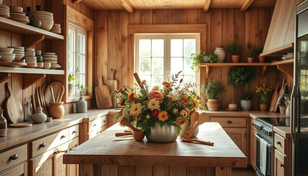 A warm, inviting kitchen with natural wood accents throughout. A mix of rustic and modern elements creates a cozy, uplifting ambiance. Sunlight filters in through large windows, illuminating a wooden kitchen island adorned with a lush floral centerpiece. On the countertops, a set of hand-carved wooden kitchen tools and utensils. Shelves display neatly arranged ceramic bowls, wooden cutting boards, and a collection of potted herbs. The overall scene exudes a sense of comfort, creativity, and a touch of whimsy.
