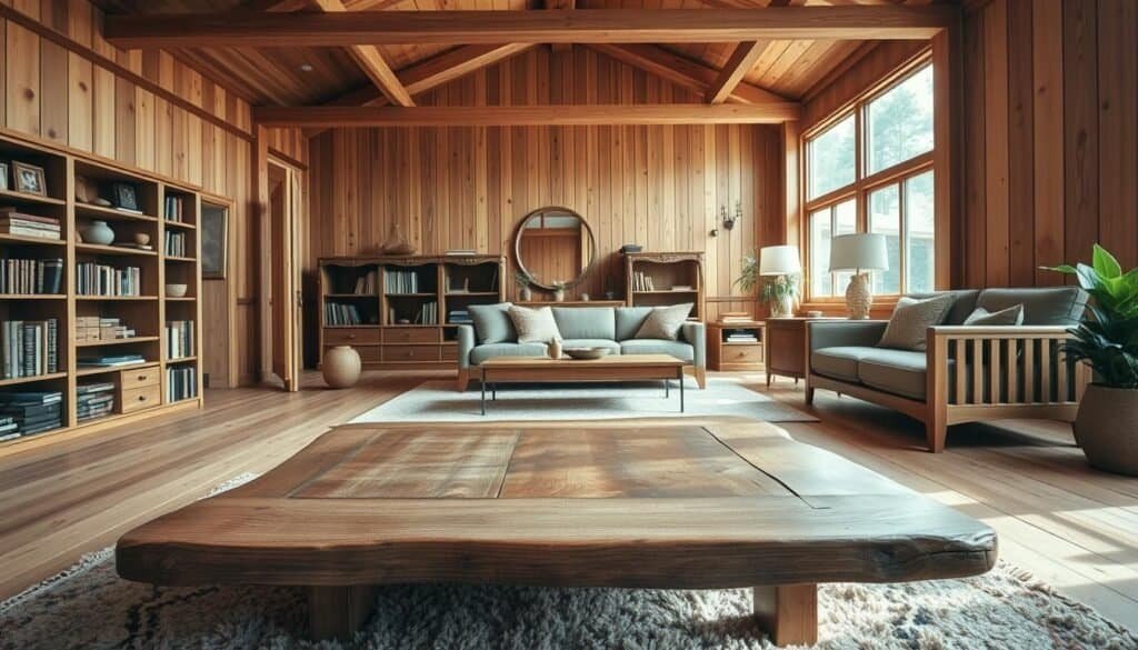 A warm, inviting living space featuring a harmonious blend of natural wood tones. In the foreground, a rustic wooden coffee table with a weathered finish sits atop a plush area rug. In the middle ground, a mix of wooden bookshelves, end tables, and an elegant wooden-framed sofa create a cohesive, earthy aesthetic. The background showcases wooden ceiling beams and paneled walls, softly illuminated by natural light streaming through large windows. The overall atmosphere evokes a sense of coziness and organic sophistication, perfect for a relaxing and rejuvenating living experience.