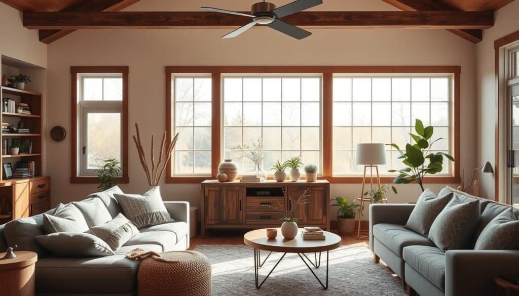 A warm, inviting living space with natural light streaming through large windows, casting a soft glow on a mix of rustic and modern furnishings. A custom wooden accent piece, meticulously crafted, takes center stage, its intricate design and rich tones complementing the neutral color palette. Plush, textured throw pillows and a cozy area rug create a sense of comfort, while potted plants and minimal, tasteful decor add a touch of life and personality. The scene exudes a harmonious, rejuvenating atmosphere, reflecting the owner's personal style and connection to their home.