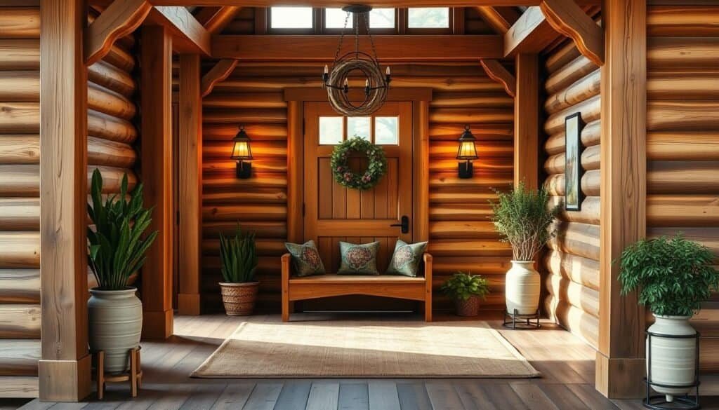A warm, inviting wooden entryway with a rustic farmhouse aesthetic. The doorway is framed by natural wood beams and ornate carvings, creating a charming and welcoming entrance. The wooden floor is covered in a plush, neutral-toned rug, and a wooden bench with decorative cushions sits just inside, inviting visitors to pause and take in the space. Soft, diffused lighting from wall sconces casts a cozy glow, while natural light streams in through a large window above the door. Potted plants and a hanging wreath add organic touches, complementing the warm, earthy tones of the wood. The overall atmosphere is one of comfort, simplicity, and a connection to nature.