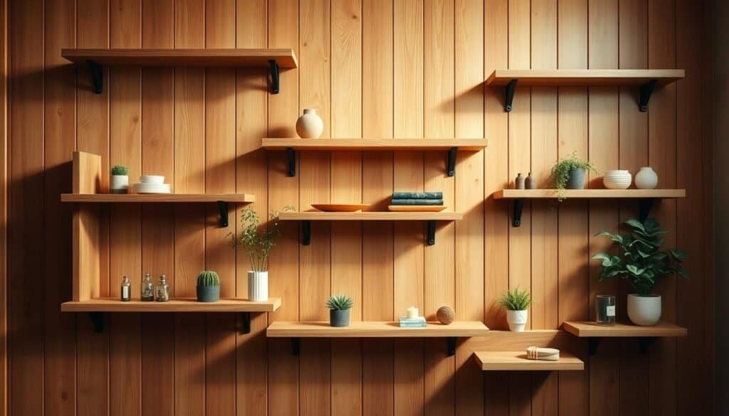 A warm, inviting wooden wall featuring a creative arrangement of natural-finish shelves of varying sizes and depths. The shelves are positioned at staggered heights, creating visual interest and a sense of depth. Carefully curated décor items, such as potted plants, vases, and small decorative objects, adorn the shelves, complementing the rustic, earthy tones of the wood. Soft, directional lighting casts gentle shadows, adding depth and texture to the scene. The overall composition exudes a sense of balance, harmony, and a touch of Scandinavian minimalism, perfectly capturing the essence of the "Wooden Wall Shelves: Add Warmth Without Clutter" article.