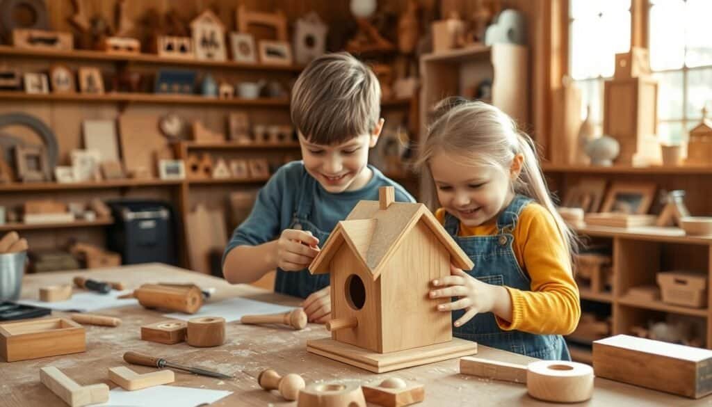 A warm, inviting workshop setting with natural lighting filtering through large windows. In the foreground, a young boy and girl carefully sand a wooden birdhouse they have crafted together, expressions of focused concentration and joy on their faces. Nearby, an assortment of simple hand tools, sandpaper, and small pieces of wood await the next project. In the background, shelves display an array of finished woodworking creations - small boxes, frames, and other delightful home decor items. The atmosphere is one of shared discovery, learning, and the pride that comes from creating something meaningful with one's own hands.