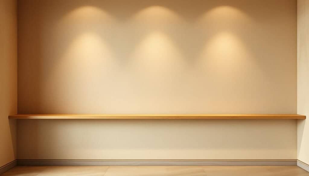 A warm, minimal wall treatment with a natural, earthy color palette. A textured plaster or stucco finish in a soft beige or cream hue, with subtle, organic tonal variations. Indirect, diffuse lighting casts gentle shadows, creating a calming, inviting atmosphere. The treatment extends floor-to-ceiling, framing the space with a sense of balance and simplicity. Simple, unadorned wooden shelves or ledges provide minimal, functional display space. Overall, a refined, pared-back aesthetic that evokes a tranquil, grounded feeling within the space.