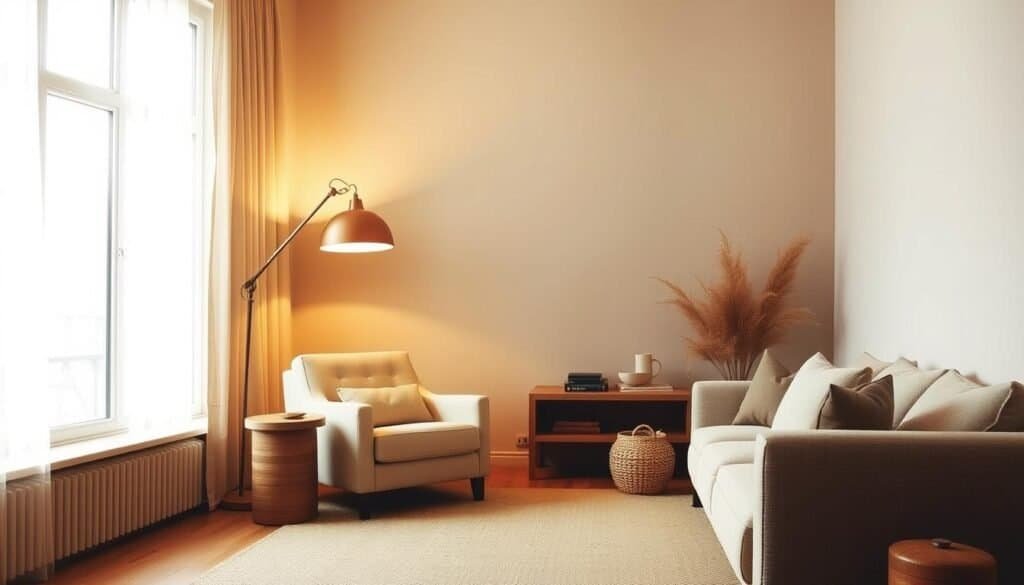 A warm, minimalist living room with a cozy, earthy ambiance. A large window floods the space with soft, natural light, casting a gentle glow on the clean-lined furniture and textured, neutral-toned fabrics. A single, oversized floor lamp casts a warm, inviting pool of light, drawing the eye to a plush, neutral-colored armchair. The room is simply yet thoughtfully decorated, with a few carefully chosen accent pieces, such as a wooden end table or a woven basket, adding subtle pops of color and texture. The overall impression is one of quiet sophistication and calm, creating a sense of retreat and respite from the outside world.