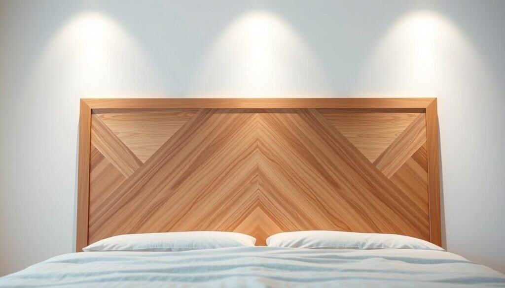 A warm, minimalist modern geometric wooden headboard featuring clean lines, angular patterns, and a natural wood grain texture. The headboard is positioned against a white wall, illuminated by soft, diffused lighting from both sides, creating depth and highlighting the intricate woodwork. The overall composition emphasizes simplicity, functionality, and a touch of rustic elegance, suitable for a contemporary bedroom design. A warm, minimalist modern geometric wooden headboard featuring clean lines, angular patterns, and a natural wood grain texture. The headboard is positioned against a white wall, illuminated by soft, diffused lighting from both sides, creating depth and highlighting the intricate woodwork. The overall composition emphasizes simplicity, functionality, and a touch of rustic elegance, suitable for a contemporary bedroom design.