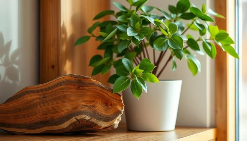 A warm, natural-looking corner of a cozy living space. In the foreground, a subtly grained wood accent piece, its rich tones and smooth finish complementing the lush greenery of a thriving potted plant beside it. Soft, diffused lighting casts a gentle glow, highlighting the organic textures and creating a serene, inviting atmosphere. The composition is balanced, with the plant and wood element positioned harmoniously, inviting the viewer to pause and appreciate the simple, calming beauty of this harmonious pairing.