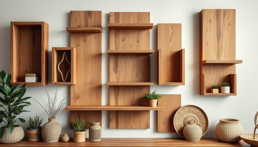 A warm, rustic arrangement of natural wooden wall shelves, expertly crafted with intricate grain patterns and a distressed, time-worn finish. The shelves are illuminated by soft, diffused lighting that casts gentle shadows, highlighting the inherent beauty of the wood. In the foreground, various decorative elements such as potted plants, natural fiber baskets, and subtle textiles add a touch of organic charm, while the middle ground features the shelves themselves, positioned to create a balanced, harmonious composition. The background subtly blends with the shelves, allowing the natural wood tones to take center stage and radiate a sense of timeless, understated elegance.