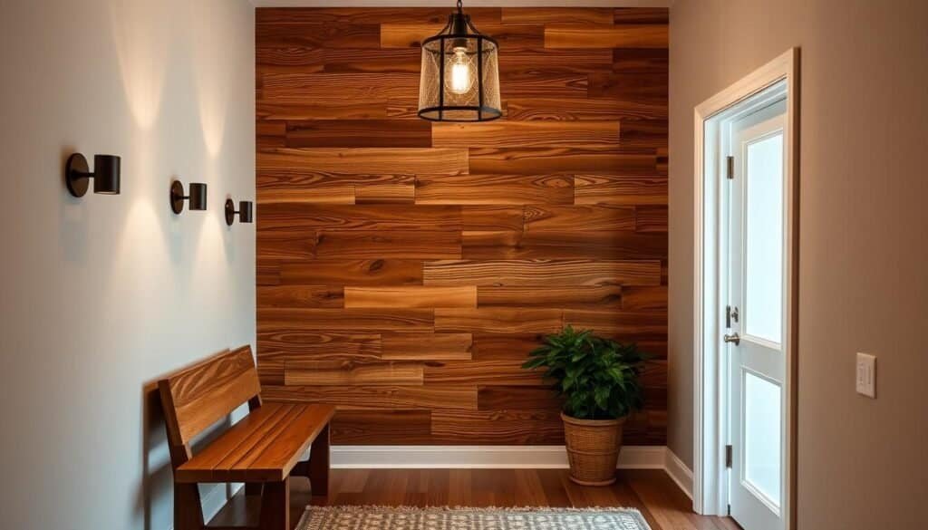 A warm, rustic hallway featuring a striking DIY wood accent wall. Intricately patterned wood panels, meticulously crafted with a mix of natural grains and textures, stretch across the entryway. Soft, directional lighting from sconces and a pendant fixture casts gentle shadows, accentuating the depth and dimensionality of the wood. The space exudes a cozy, welcoming ambiance, inviting visitors to step inside. In the foreground, a wooden bench and potted plant add natural, complementary elements. The background showcases a clean, minimalist wall color, allowing the wood accent to take center stage as the visual focal point.
