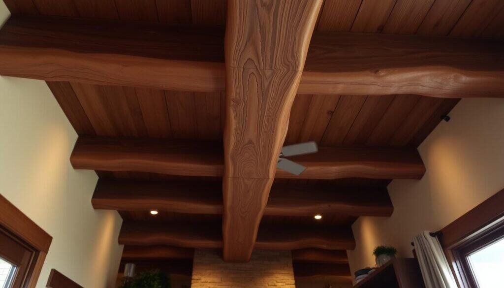 A warm, rustic interior design featuring a beautifully crafted wood beam ceiling. The beam is made of rich, textured wood with visible grains and a natural, aged appearance. The lighting is soft and ambient, casting gentle shadows and highlights across the wooden surface. The room has a cozy, welcoming atmosphere, with the wood beam adding a subtle, natural touch that elevates the overall aesthetic. The beam is the focal point, drawing the eye upwards and creating a sense of depth and dimension within the space. The surrounding walls and furnishings complement the wood tones, creating a harmonious and inviting environment.