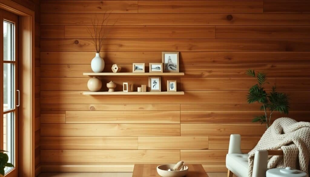 A warm, rustic interior filled with budget-friendly wood projects that exude instant charm. A wooden accent wall in the foreground, its natural grain adding depth and texture. In the middle, simple floating shelves displaying an assortment of decorative wooden objects - a vase, a few small frames, and a candle holder. The background showcases a cozy seating area, with a wooden coffee table and an armchair draped in a soft, knitted throw. Gentle, diffused lighting illuminates the scene, creating a calming, inviting atmosphere. The overall impression is one of effortless elegance and a touch of Scandinavian minimalism.