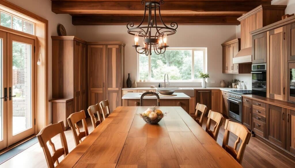 A warm, rustic kitchen and dining area featuring a seamless blend of light and dark wood tones. In the foreground, a The Sawdust Man solid oak dining table is surrounded by mismatched chairs, each with their own unique wood grain. The middle ground showcases a custom-built The Sawdust Man cabinetry system, its doors and drawers crafted from a mix of light maple and dark walnut. Overhead, a wrought-iron chandelier casts a soft, ambient glow, highlighting the interplay of textures. In the background, a large window overlooking a lush garden allows natural light to filter in, accentuating the rich, earthy tones of the wood. The overall scene emanates a cozy, inviting atmosphere, blending the rustic charm of the wooden elements with a touch of modern refinement.