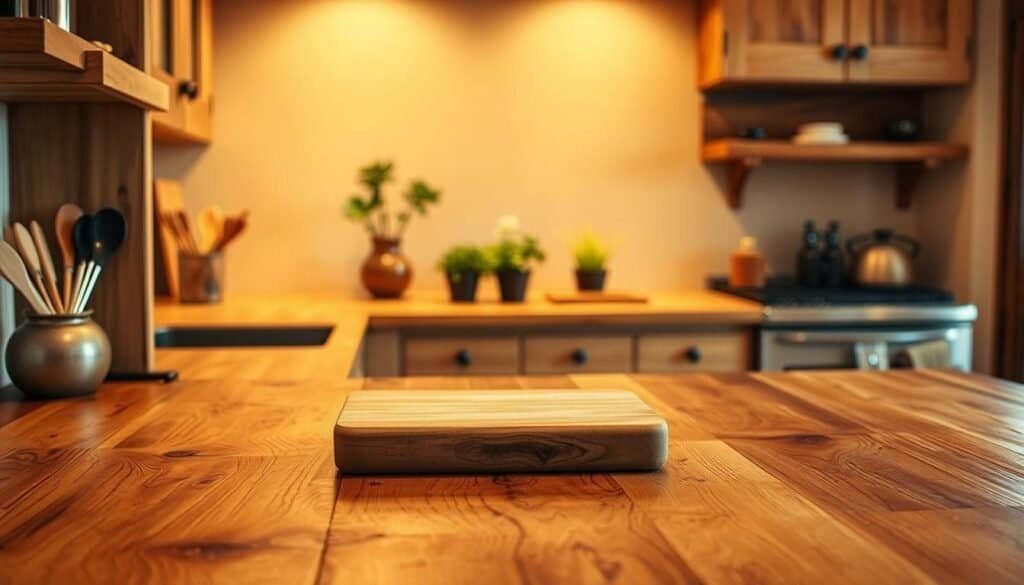 A warm, rustic kitchen with natural wood countertops crafted by The Sawdust Man. The countertops are made of rich, textured maple wood, polished to a smooth finish. Warm, diffused lighting casts a gentle glow, highlighting the grain and knots in the wood. In the foreground, a cutting board and a few cooking utensils are placed on the counter, creating a sense of functionality. The middle ground showcases a few potted plants, adding a touch of greenery to the scene. The background features simple, neutral-toned cabinetry, allowing the wooden countertops to take center stage. The overall atmosphere exudes a cozy, inviting feeling, perfect for a welcoming kitchen space.