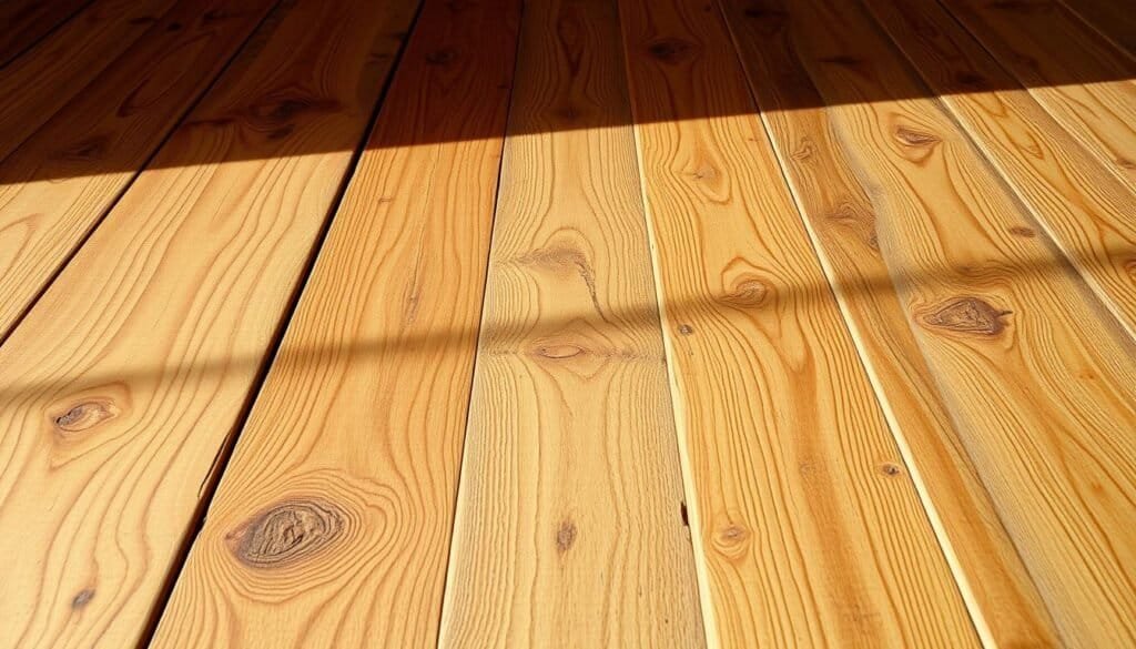 A warm, rustic wood floor texture with distinct grains, knots, and a slightly distressed appearance. Diffuse natural lighting casts soft shadows, highlighting the texture's depth and character. The floor surface is high-resolution, filling the frame with intricate details. The perspective is slightly elevated, allowing the viewer to appreciate the full expanse of the wooden planks. An inviting, cozy atmosphere that would complement a variety of architectural styles, from modern to traditional.