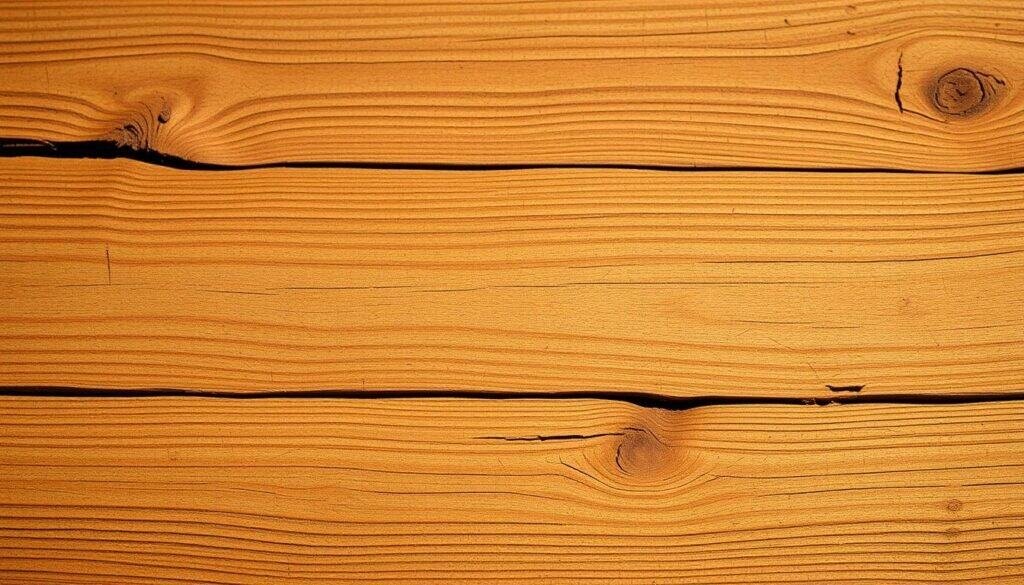 A warm, rustic wood texture fills the frame, its rich grain and knots capturing the eye. The surface appears weathered and well-worn, emanating a sense of timelessness and stability. Soft, natural lighting bathes the wood, casting gentle shadows that accentuate its depth and texture. The wood seems to ground the scene, providing a sturdy, grounding presence that invites the viewer to touch and explore its tactile qualities. The overall mood is one of comfort, authenticity, and a connection to the natural world.