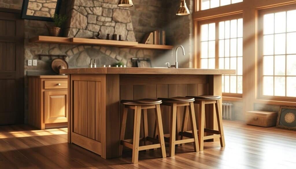 A warm, rustic wooden kitchen island set against a backdrop of natural stone walls and hardwood floors. Gentle rays of sunlight stream through large windows, casting a soft glow on the rough-hewn wooden surface. The island features a simple, yet elegant design with clean lines and a subtly distressed finish, complementing the overall natural aesthetic. Sturdy wooden stools with comfortable leather seats invite casual dining and conversation. The overall atmosphere exudes a sense of cozy, inviting comfort, perfect for embracing the beauty of natural wood elements in the kitchen.