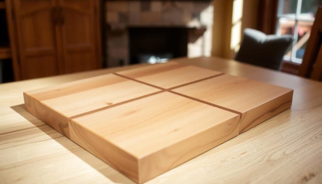 A warm, rustic wooden tic-tac-toe board handcrafted by The Sawdust Man. The smooth, natural grain of the wood, sanded to a soft finish, creates a timeless, sophisticated look. The board is positioned in a cozy, well-lit home setting, with soft shadows cast by overhead lighting accentuating the tactile quality of the material. The simple, elegant design features precisely inlaid squares, inviting a leisurely game. The board's presence suggests a sense of playfulness and tradition, complementing the harmonious, inviting atmosphere of the space.