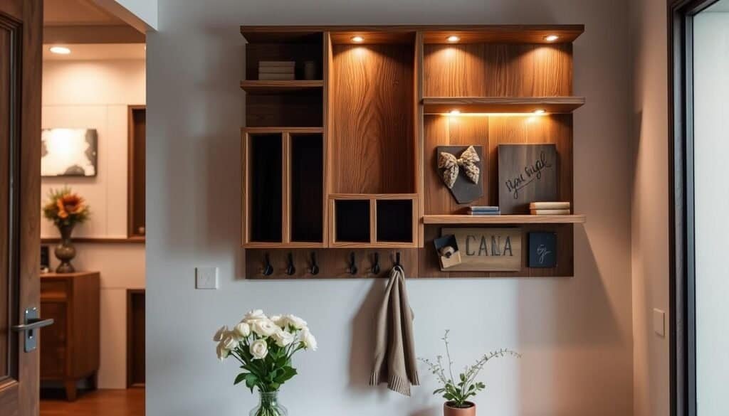 A warm, softly-lit entryway showcasing a unique, multifunctional wall-mounted storage unit. The unit features a mix of open shelves, hooks, and decorative storage compartments, all crafted from richly-grained natural wood. Subtle lighting emanates from hidden fixtures, casting a gentle glow and highlighting the wood's intricate grain patterns. In the foreground, a vase of fresh flowers and a small potted plant add a touch of natural beauty. The background subtly blends modern and rustic elements, creating an inviting, harmonious atmosphere perfect for welcoming guests.