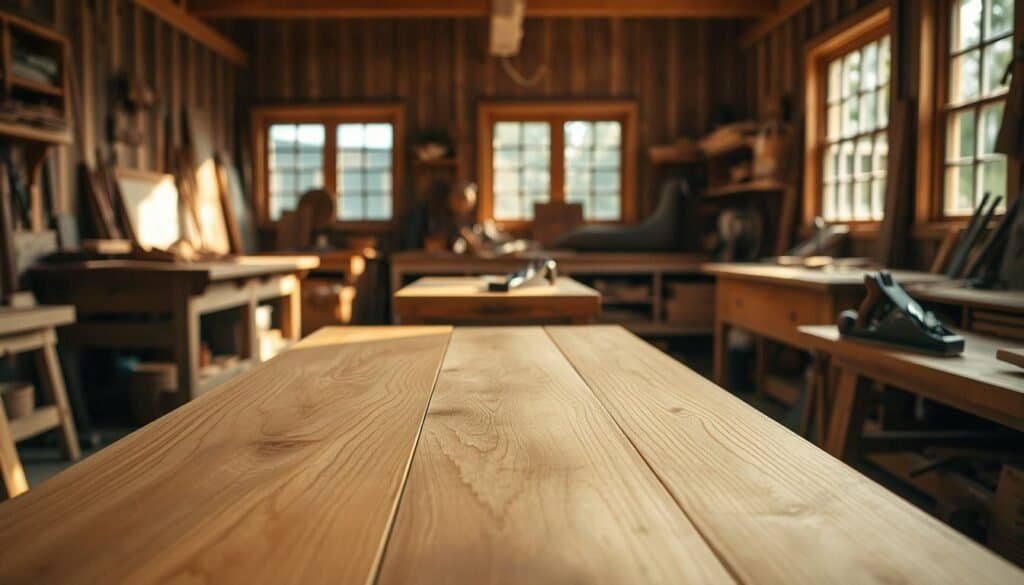A warm, sun-dappled workshop filled with the gentle rhythms of wood shaping. Smooth, honey-toned oak boards in the foreground, their grain inviting touch. Workbenches in the middle ground, tools arranged with care - a mallet, a chisel, a plane. In the background, windows flood the space with soft natural light, casting a tranquil glow over the scene. A feeling of quiet focus and simple, mindful creation pervades the atmosphere.