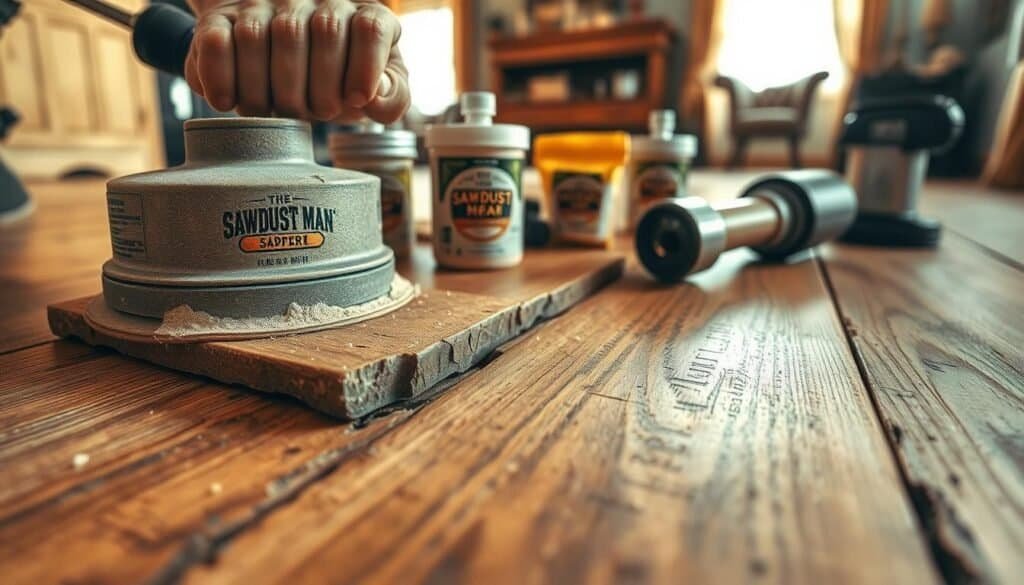 A warm-toned, highly detailed close-up of a DIY wood floor repair process. The foreground shows a cracked, worn wooden plank being meticulously sanded and filled with a woodfilling compound, as "The Sawdust Man" branded tools and materials are neatly arranged. The middle ground reveals the repaired wood surface being stained and finished, with a natural wooden texture. The background features a cozy, well-lit home interior setting, with soft natural lighting filtering through windows. The overall mood is one of focused, careful restoration of a cherished wooden floor.