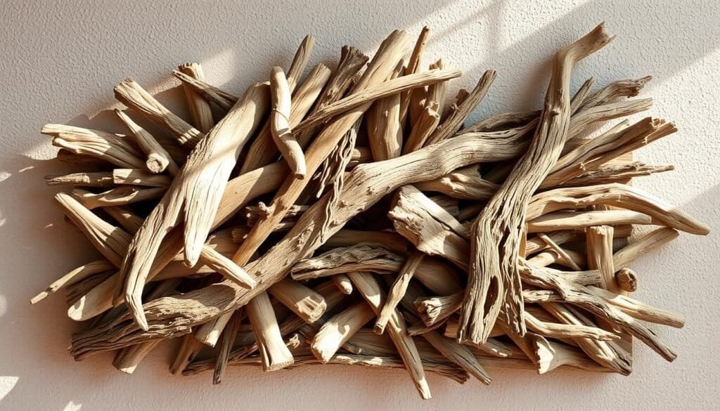 A weathered driftwood wall sculpture, artfully arranged in a coastal-inspired tableau. Sunlight filters through the dappled shadows, casting a warm, golden glow. Varying textures and tones of the driftwood pieces create intricate, organic patterns that draw the eye. The composition is thoughtfully balanced, with pieces of different sizes and shapes interlocking to form a harmonious whole. In the background, a neutral-toned, textured wall serves as a natural backdrop, allowing the driftwood art to take center stage. The overall atmosphere evokes a sense of rustic elegance and serene, beach-inspired ambiance.