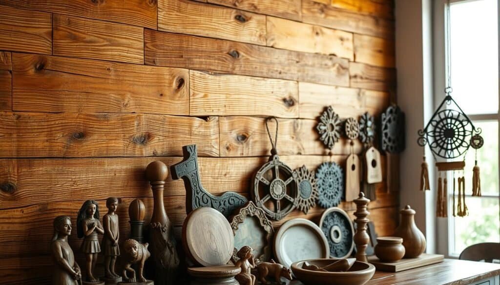 A weathered, rustic wooden wall with intricate, hand-carved patterns and textures. The planks are a mix of warm honey and deep amber hues, with knots, cracks, and natural imperfections that add character. Soft, diffused lighting from a nearby window creates gentle shadows and highlights the grain of the wood. In the foreground, a collection of artisanal wooden décor pieces, such as carved figurines, decorative trays, and hanging wall hangings, are arranged in a visually striking composition. The overall mood is one of cozy, inviting farmhouse charm, perfectly suited for a kitchen or dining space.