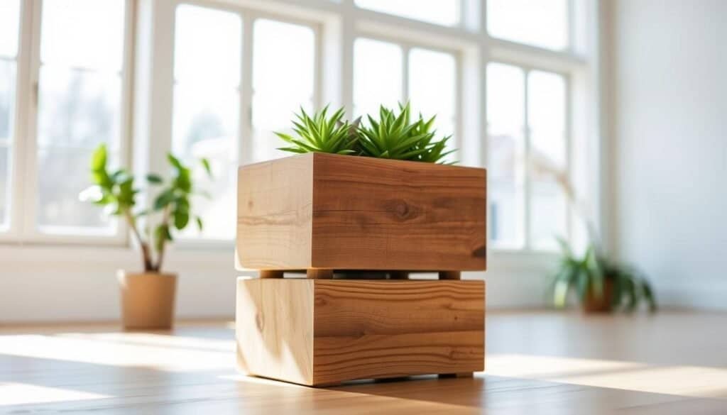 A weathered, small wooden planter box with a rustic charm. Crafted from reclaimed pine boards, its natural grain and knots add character. The box sits atop a sturdy, squared-off pedestal base, creating a balanced, elevated display. Soft, warm lighting casts gentle shadows, highlighting the textured wood surface. The planter is placed in a bright, airy room with natural light flooding in from large windows, creating a cozy, inviting atmosphere. The image conveys a sense of simple, handmade elegance perfect for a sustainable home décor piece.