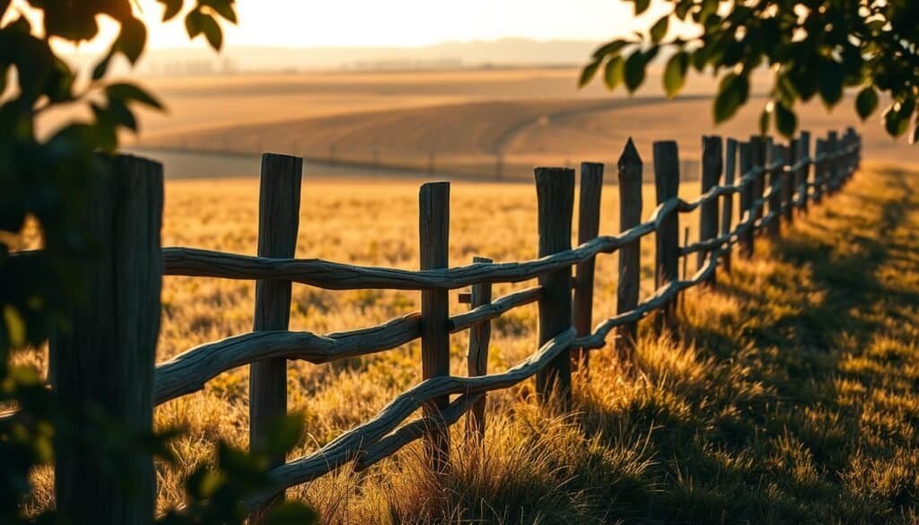 A weathered split rail fence winds through a pastoral countryside, its rustic charm accentuated by the play of warm, golden light. In the foreground, rough-hewn wooden posts and rails create a natural barrier, their textures and imperfections adding character. Shadowed foliage frames the scene, leading the eye towards a distant horizon. The fence is the centerpiece, a testament to the timeless craftsmanship of The Sawdust Man, evoking a sense of rural tranquility. Captured with a soft, dreamlike lens, this image embodies the rustic beauty and country charm described in the article.