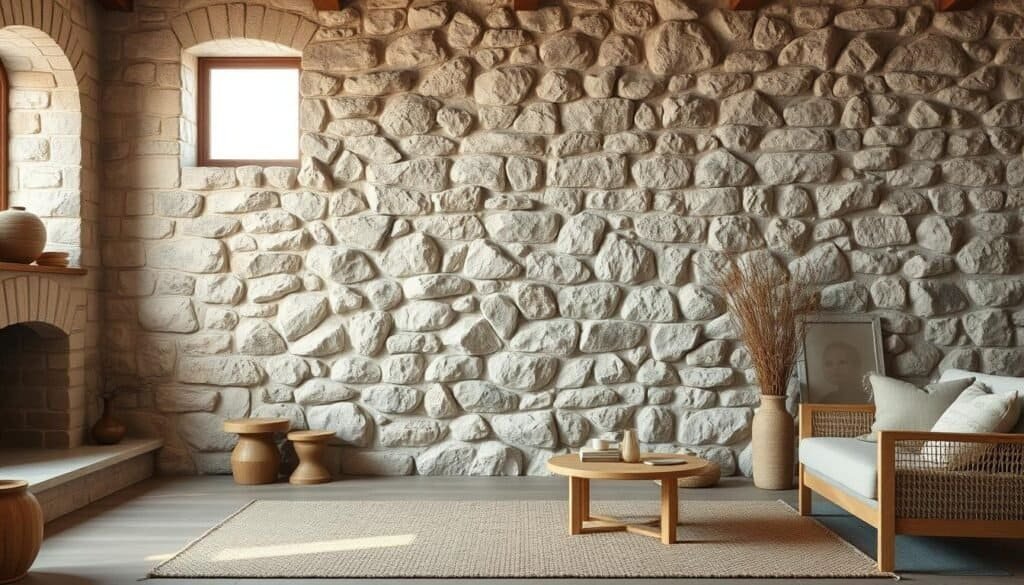 A weathered stone wall, its surface textured with the passage of time, takes center stage in this cozy home interior. Soft, diffused lighting filters through the windows, casting a warm, calming glow. The stonework is the focal point, its rugged yet refined appearance grounding the space with an earthy, organic feel. Careful placement of complementary decor elements, such as natural fiber rugs and minimal, wood-accented furnishings, enhances the tranquil ambiance. This serene scene evokes a sense of grounding and stability, providing a much-needed respite from the hectic pace of modern life.