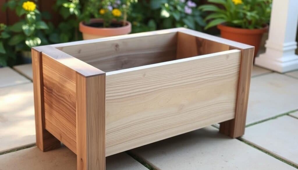 A weathered wooden planter standing on a patio, its exterior sealed with a durable sealant that glistens in the soft, natural lighting. The planter's sturdy design features a raised, slatted base to allow for drainage, and its smooth, sanded surface is adorned with a subtle wood grain texture. In the background, lush greenery and a warm, earthy color palette set the scene, creating a cozy, inviting atmosphere perfect for a peaceful outdoor space.
