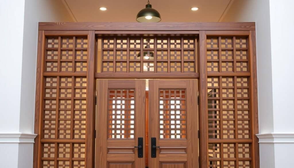 A well-crafted and inviting entryway divider, featuring a sturdy wooden frame with delicate latticework panels. The design seamlessly blends traditional and modern elements, creating a captivating focal point that subtly separates spaces while maintaining an open, airy feel. Soft, diffused lighting from overhead fixtures casts a warm, welcoming glow, accentuating the natural wood tones and casting gentle shadows that add depth and visual interest. The entryway is framed by a neutral, minimalist backdrop, allowing the divider to take center stage and serve as a refined, functional piece that enhances the overall flow and ambiance of the space. A well-crafted and inviting entryway divider, featuring a sturdy wooden frame with delicate latticework panels. The design seamlessly blends traditional and modern elements, creating a captivating focal point that subtly separates spaces while maintaining an open, airy feel. Soft, diffused lighting from overhead fixtures casts a warm, welcoming glow, accentuating the natural wood tones and casting gentle shadows that add depth and visual interest. The entryway is framed by a neutral, minimalist backdrop, allowing the divider to take center stage and serve as a refined, functional piece that enhances the overall flow and ambiance of the space.