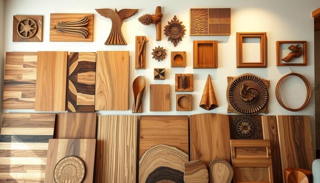 A well-crafted and visually captivating arrangement of popular wooden wall art styles, showcasing a diverse collection in a warm, natural setting. The foreground features a stunning array of handcrafted wooden panels, ranging from sleek geometric patterns to intricate organic shapes, all bathed in soft, diffused lighting that accentuates the wood's natural grain and texture. The middle ground presents a harmonious mix of wall-mounted sculptures, panels, and rustic-inspired frames, seamlessly blending together to create a cohesive and visually appealing display. The background subtly hints at a cozy, inviting living space, with hints of natural materials and a muted color palette that complements the wooden elements. The overall composition radiates a sense of craftsmanship, warmth, and a refined aesthetic, perfectly capturing the essence of "Revive Dull Walls with Bespoke Wood Wall Art."