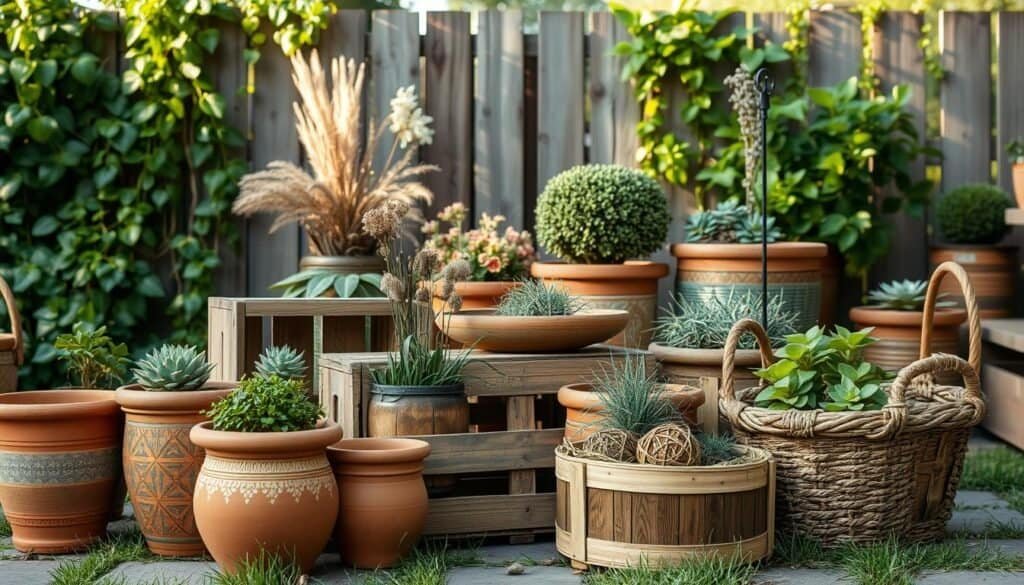 A well-crafted arrangement of handmade, rustic DIY planters in a tranquil, natural outdoor setting. The foreground showcases an assortment of terracotta pots, wooden crates, and woven baskets, each one uniquely adorned with intricate patterns, textures, and organic materials like dried flowers, herbs, and succulents. The middle ground features a backdrop of lush greenery, such as trailing vines, potted shrubs, and a glimpse of a wooden fence or trellis. The lighting is soft and warm, casting gentle shadows and highlights that accentuate the handcrafted details. The overall mood is one of rustic charm, inviting the viewer to imagine how these charming planters could enhance the ambiance of an outdoor living space.