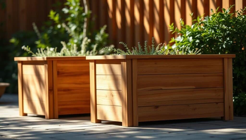 A well-crafted, beautifully-lit cedar wood planter set against a warm, natural backdrop. The rectangular planters feature a clean, minimalist design with a smooth, sanded finish and a subtle, natural grain pattern. Sunlight gently filters through the scene, casting soft shadows and highlights that accentuate the wood's texture. The planters are situated on a paved patio or garden path, surrounded by lush, verdant foliage to create a serene, inviting ambiance. The overall composition conveys a sense of rustic elegance and harmonious integration with the outdoor environment.