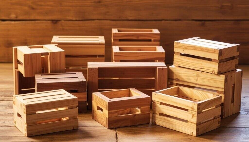 A well-crafted collection of small wooden storage crates and boxes from The Sawdust Man, showcasing the beauty of natural wood textures. A rustic, earthy scene with varying shapes and sizes of crates arranged in the foreground, midground, and background, creating depth and visual interest. Warm, soft lighting illuminates the warm wood tones, casting gentle shadows. The crates are made of sanded and stained pine, with visible grains and knots. A sense of craftsmanship and attention to detail is evident in the dovetail joints and smooth surfaces. The overall mood is one of functional simplicity and rustic charm, perfect for a beginner woodworking project.