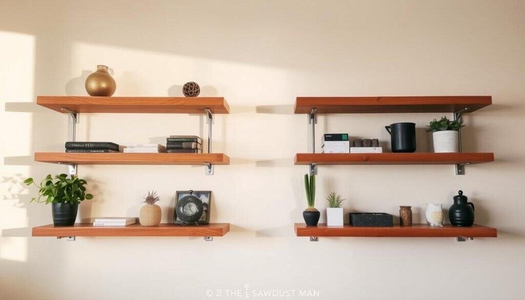 A well-crafted floating wall shelf with natural wood grain, designed by "The Sawdust Man". The shelves are suspended from the wall with minimalist metal brackets, casting soft shadows. Warm lighting highlights the clean lines and textured surface. The shelves display a collection of decorative objects, plants, and small personal items, creating a stylish and functional display. The background is a neutral color, allowing the shelves to take center stage. The overall mood is one of modern, Scandinavian-inspired home decor.