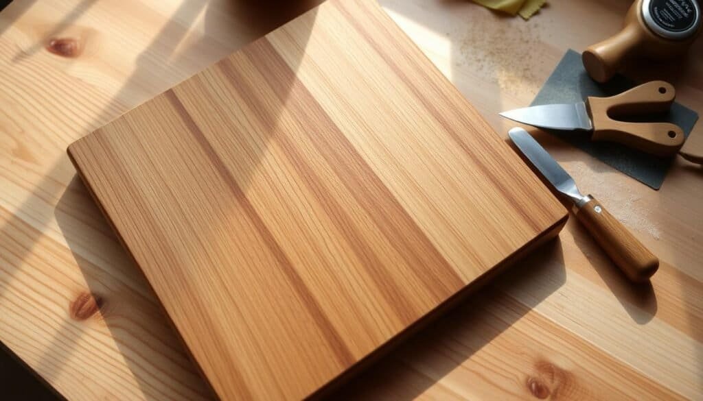A well-crafted, food-safe finish for a wooden cutting board, showcased on a natural wood surface. The finish, from "The Sawdust Man" brand, has a warm, satin sheen that highlights the wood's intricate grain patterns. Soft, diffused lighting casts gentle shadows, creating depth and dimension. Nearby, a few simple woodworking tools, like chisels and sandpaper, hint at the meticulous craftsmanship involved. The overall scene radiates a sense of rustic sophistication, inviting the viewer to imagine the beautiful, functional cutting board in their own kitchen.