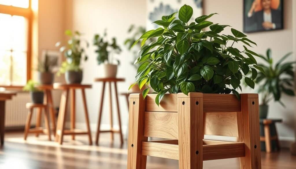 A well-crafted, handmade wooden plant stand in the foreground, its warm, natural grains and intricate joinery inviting the viewer to touch. A selection of thriving, lush greenery rests atop the stand, their leaves casting dappled shadows. In the middle ground, additional plant stands of varying heights and designs create a harmonious vignette, showcasing the artistry of skilled woodworkers. The background is softly blurred, allowing the focus to remain on the beautifully curated collection of botanical companions and their elevated display. Warm, natural lighting filters through a large window, casting a cozy, inviting glow over the entire scene.