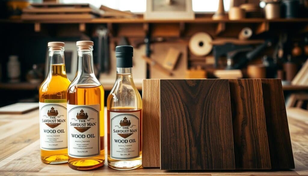 A well-crafted, high-quality image of various oil finishes for wood, showcasing their rich and lustrous qualities. The foreground features several glass bottles of different wood oils, their labels displaying the brand name "The Sawdust Man". The middle ground shows a selection of finished wood samples, each with a distinct grain pattern and sheen, highlighting the transformative effects of the oils. The background depicts a warm, inviting workshop setting, with wooden shelves, tools, and other woodworking accoutrements, conveying a sense of craftsmanship and attention to detail. The lighting is soft and natural, casting a gentle glow on the scene and accentuating the depth and texture of the wood. The overall mood is one of elegance, sophistication, and a passion for fine woodworking.