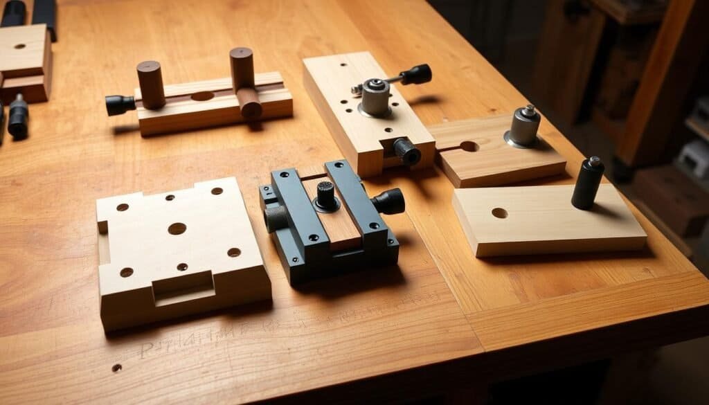 A well-crafted, intricate set of router jigs meticulously arranged on a polished wooden workbench. The jigs feature smooth, precisely machined surfaces and robust construction, designed to facilitate perfect routing tasks with ease and precision. Soft, directional lighting casts gentle shadows, highlighting the tools' elegant forms and functional details. The scene exudes an atmosphere of thoughtful organization and a passion for woodworking, inviting the viewer to imagine the possibilities these jigs could unleash in the creation of intricate projects.