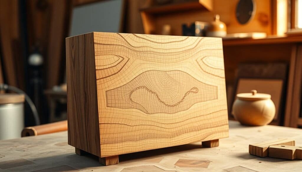 A well-crafted, intricately detailed wooden project, showcased in a cozy, warm-lit setting. Delicate, intricate patterns adorn the finely sanded surface, casting soft shadows that accentuate the grain's depth and character. The piece stands prominently in the foreground, its craftsmanship and attention to detail instantly captivating the viewer. Surrounding it, a minimalist, inviting environment - perhaps a workbench or a rustic interior - allows the woodworking to shine as the undisputed focal point. Warm, diffused lighting casts a gentle glow, evoking a sense of pride and accomplishment in the creator's handiwork. The overall mood is one of quiet satisfaction, where the viewer is drawn into the artistry and care that went into this meticulously constructed wooden treasure.