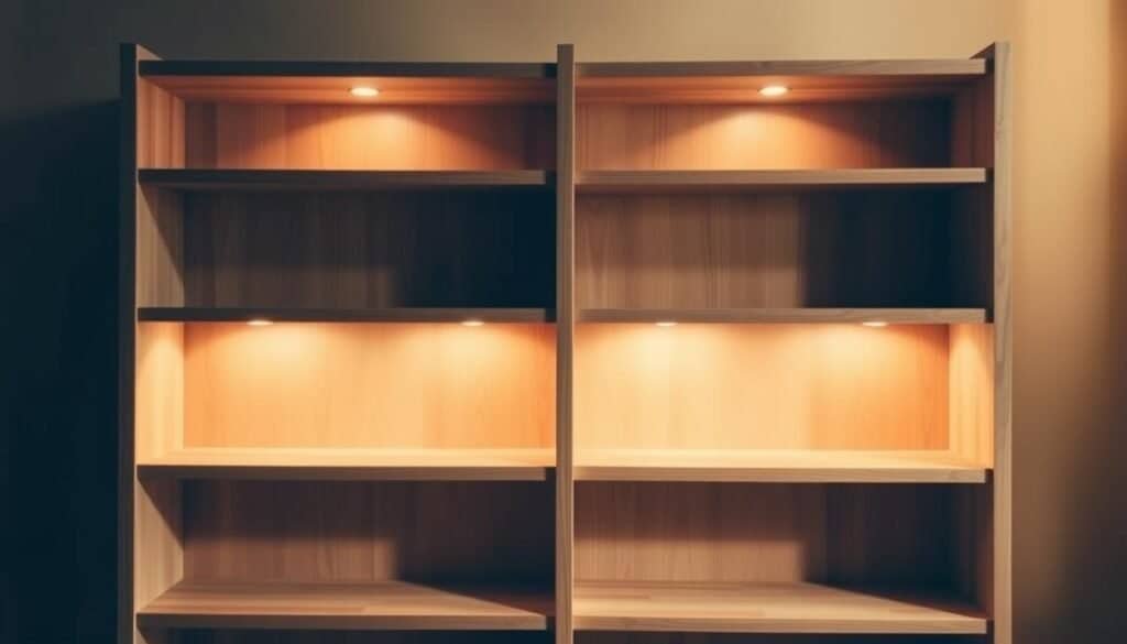 A well-crafted, minimalist bookshelf made from natural wood, placed against a warm, softly-lit backdrop. The shelves are arranged in a clean, symmetrical pattern, showcasing the beautiful wood grain and sturdy construction. The lighting casts gentle shadows, adding depth and dimension to the scene. The overall atmosphere is one of simplicity, functionality, and a touch of rustic charm, perfectly suited for a cozy home environment.