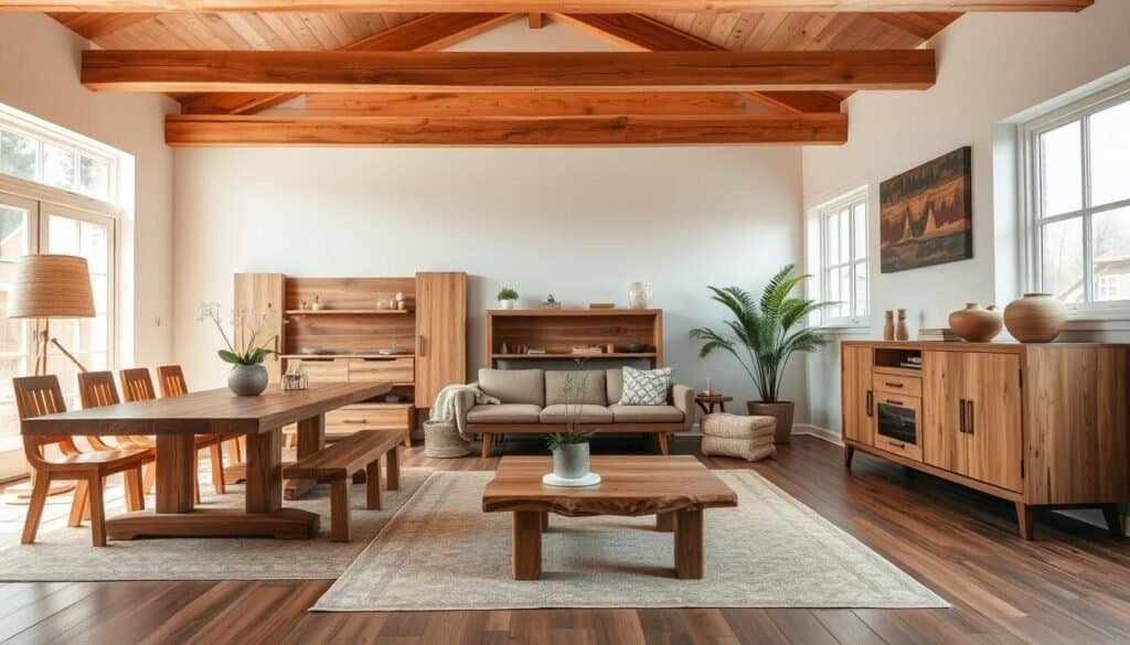 A well-crafted, natural wood furniture display in a bright, airy space. Featuring rustic, handcrafted pieces from "The Sawdust Man" brand, including a sturdy wooden dining table, a mid-century modern coffee table, and a sleek sideboard. Warm, diffused lighting illuminates the rich wood grains and organic textures. The scene radiates a sense of relaxed sophistication, perfectly complementing the fresh spring decor ideas. High-resolution, photorealistic, high-quality.