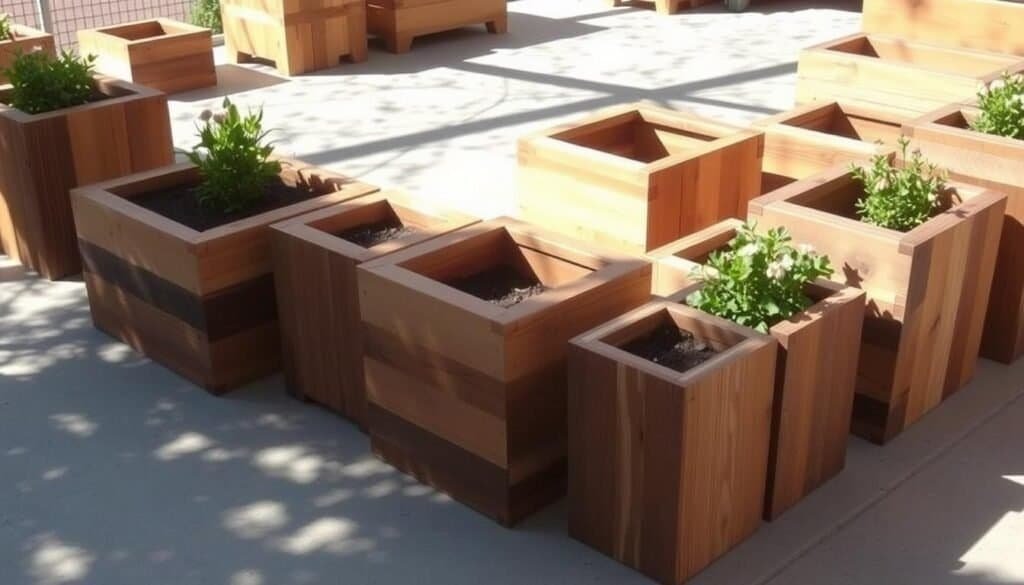 A well-crafted, rustic collection of homemade wooden planters, each uniquely designed with natural textures and a warm, earthy palette. The planters are arranged in a harmonious display, casting gentle shadows on a sun-dappled surface. Carefully constructed with reclaimed wood, the planters feature a range of shapes, sizes, and finishes, showcasing the beauty of DIY craftsmanship. The overall scene radiates a sense of cozy, inviting charm, perfect for adding instant curb appeal to any outdoor space.