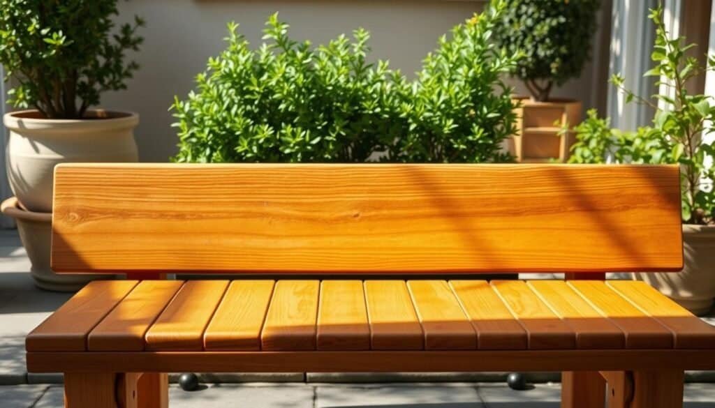 A well-crafted, rustic wooden bench situated in a sun-dappled patio or garden setting. The bench features a smooth, weathered appearance with natural wood grain textures. Delicate patterns of light and shadow play across the surface, lending a warm and inviting ambiance. The bench is positioned in the foreground, allowing the viewer to focus on its elegant simplicity. In the middle ground, lush greenery such as potted plants or small shrubs frame the scene, creating a harmonious blend of natural elements. The background gently recedes, showcasing a tranquil outdoor space with a touch of elegance.