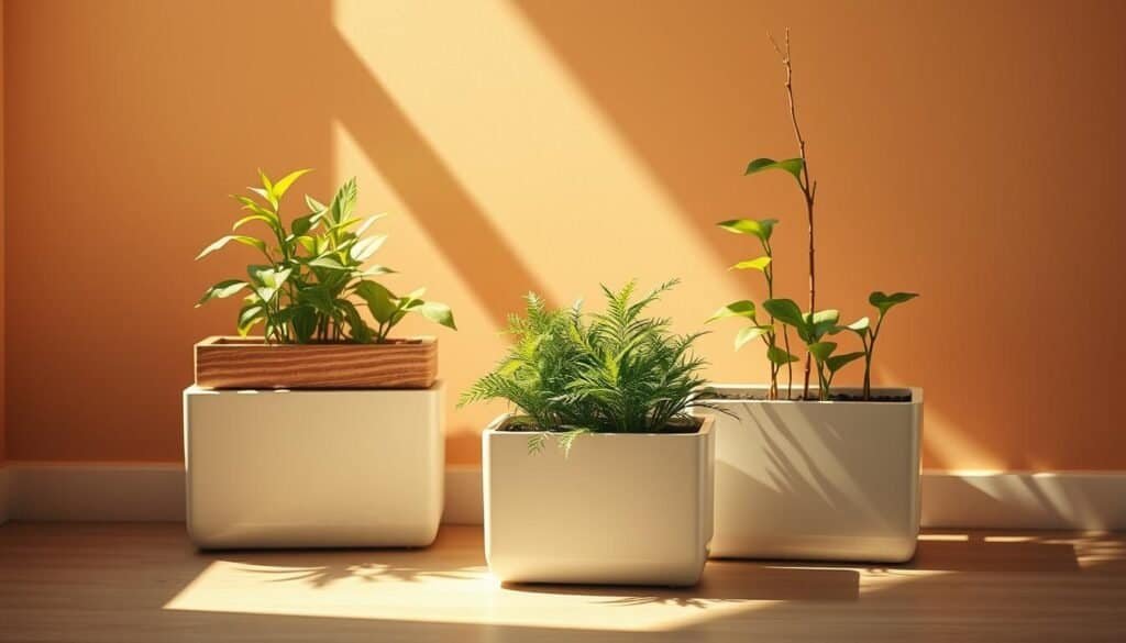 A well-crafted self-watering planter set against a warm, sunlit backdrop. The planters feature a sleek, minimalist design with natural wood accents, allowing the lush greenery to take center stage. Soft shadows cast by the plants create a sense of depth, while the lighting gently highlights the plants' vibrant foliage. The overall composition exudes a serene, airy atmosphere, inviting the viewer to imagine this self-sustaining plant oasis adorning a cozy corner of a light-filled home.