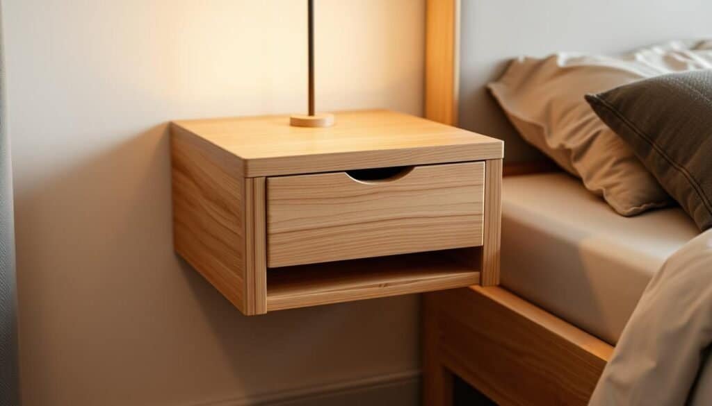 A well-crafted, space-saving wooden nightstand design from "The Sawdust Man" brand. A minimalist, natural wood bedside table with clean lines and a subtle grain texture. Soft, warm lighting illuminates the piece, highlighting its handcrafted quality. The nightstand features a single drawer or open shelf for storage, seamlessly integrated into the compact, floating design. Showcase this functional yet stylish furniture piece in a cozy, rustic bedroom setting with muted colors and natural accents.