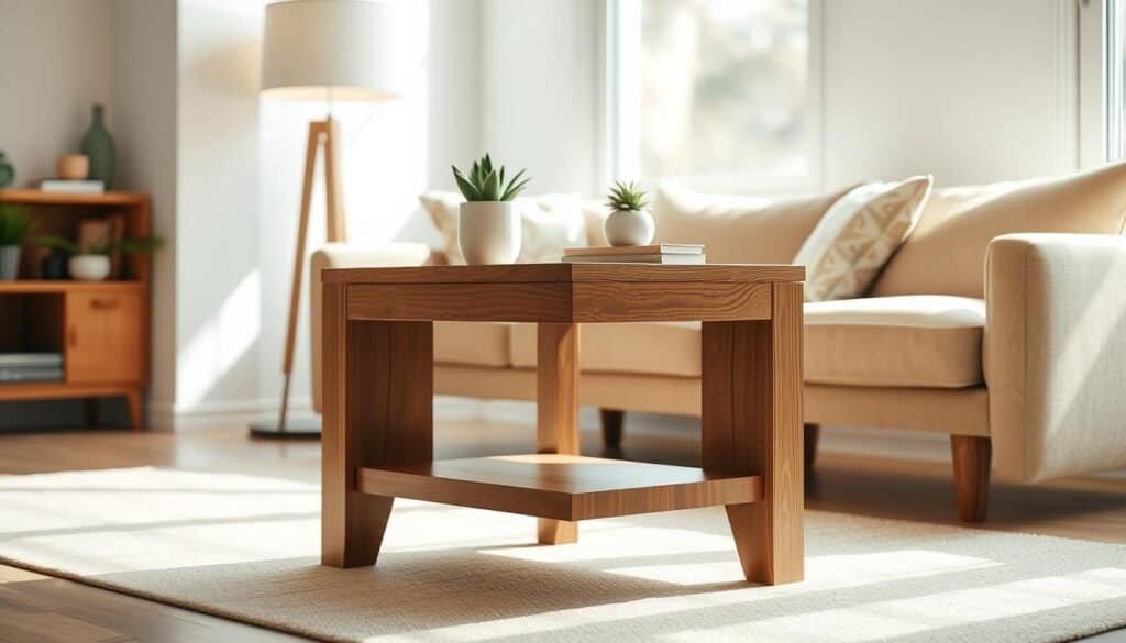 A well-crafted wood accent table stands in a sunny, minimalist living room. Detailed woodgrain textures, clean lines, and a sleek silhouette create an elegant focal point. Warm, soft lighting from a nearby floor lamp casts a cozy glow, highlighting the natural beauty of the wood. The table's simple design allows it to seamlessly blend with a variety of decor styles, from modern to rustic. Carefully arranged decorative elements, such as a potted plant or small vase, add subtle visual interest. The overall atmosphere evokes a sense of refined simplicity and timeless sophistication.