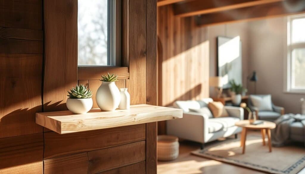 A well-crafted wooden accent piece from "The Sawdust Man" set against a rustic background. Sunlight filters through a window, casting warm shadows and highlighting the natural grain of the wood. The foreground features a beautifully sanded and stained floating shelf, adorned with decorative succulent plants and minimalist vases. In the middle ground, wooden wall panels add depth and texture, while the background showcases a cozy, inviting living space with neutral-toned furnishings. The entire scene exudes a sense of handcrafted charm and Scandinavian-inspired style, perfect for a renter's space.