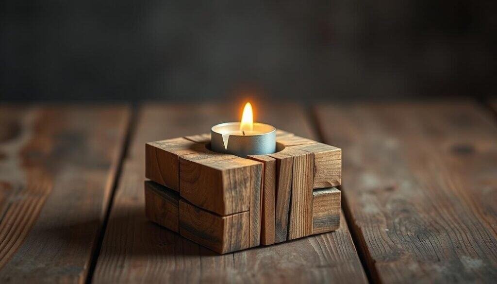 A well-crafted wooden candle holder made from rustic scrap wood pieces, standing on a weathered wooden surface. The warm, flickering glow of a single candle casts gentle shadows, creating a cozy, inviting ambiance. The natural grain and texture of the reclaimed wood are prominently featured, showcasing the unique character and imperfections that give the piece its charm. Soft, directional lighting from the side emphasizes the depth and dimensionality of the design, while an overall hazy, atmospheric backdrop adds to the tranquil, homespun feel. A simple, handcrafted object that beautifully illustrates the beauty of repurposing everyday materials.